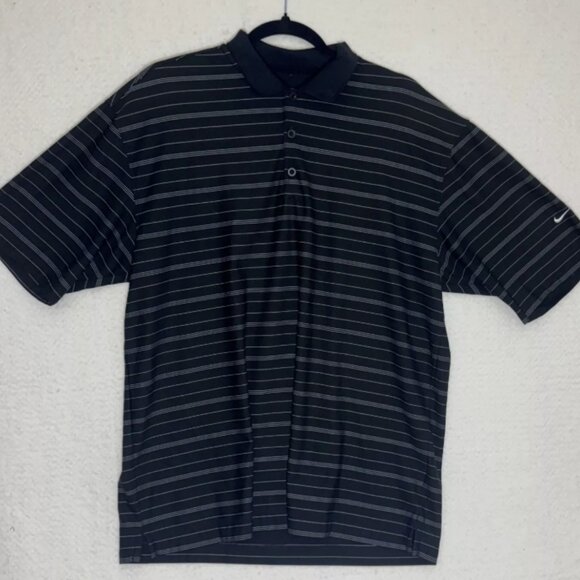 Nike Golf Men’s Large Polo Shirt Swoosh Dri-Fit Black & Gray Stripe - Picture 1 of 5